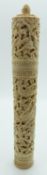 A 19thC Chinese carved ivory needle case depicting a dragon, birds and insects, with needles, H16cm