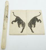 Japanese Meiji period carved ivory panels and cheroot holder, all decorated with tigers