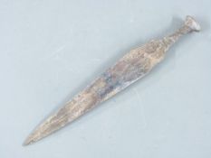 Chinese bronze knife with marks to blade, 35.5cm long
