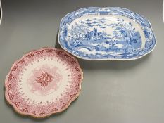 Copeland pedestal tray with gadrooned rim, diameter 38cm and a Staffordshire blue and white meat