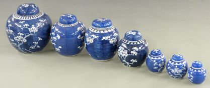 A set of seven 19thC and later Chinese graduated ginger jars with prunus decoration, largest 18cm