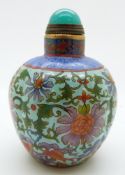 Chinese hardstone scent bottle with enamelled decoration with marks to base, 7cm tall