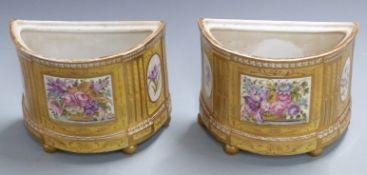 Pair of 19thC bough pots hand-decorated with flower cartouches, H17cm W22cm