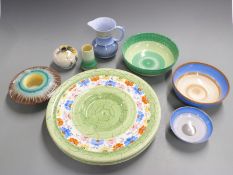 A pair of large Shelley chargers with flower borders, Art Deco Shelley bowls and vases, largest