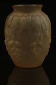 Schreiber & Neffen Art Deco style pink satin frosted glass vase with floral relief moulded