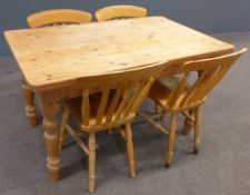 Pine kitchen table and four chairs, table W133 x D77 x H77cm