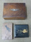 An inlaid mother-of-pearl box, Japanese lacquer box and a Bezique game