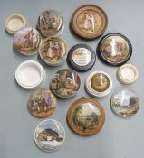A collection of 19thC Prattware and other paste pots and lids, including The Snowdrift, Lend a Bite,