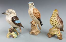 Three Beswick birds comprising kookaburra, thrush and kestrel, tallest 18cm