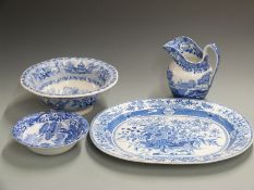 Spode Italian jug, pedestal dish, Staffordshire blue and white Queen Victoria bowl (D35cm), and a