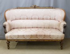 Victorian walnut mahogany and ebony upholstered sofa raised on turned legs, W170 x D74 x H103cm