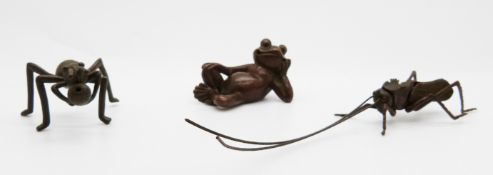 Three Japanese and similar bronzes of a frog, ant (marks to base) and a grasshopper with moving