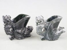 Pair of 20thC Chinese hardstone libation cups in the form of a dragon and a cockerel, H8cm