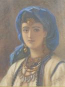 Late 19th/early 20thC watercolour Middle Eastern lady wearing jewellery, 38 x 28cm, in gilt frame