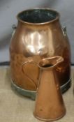 A copper churn with swing handle and a jug, tallest 60cm