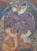 Osogbo School (Nigerian) abstract African watercolour and ink of lady with children, 49 x 36cm,