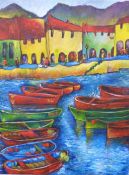 Modern acrylic on canvas boats in harbour with quayside buildings and hills beyond, 40 x 30cm