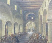 20thC oil on canvas church interior scene, 56 x 58cm, in ornate gilt frame