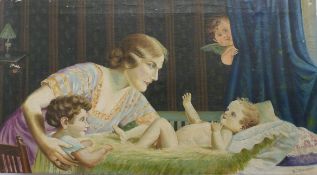 A Marshall oil on canvas lady with two children being overlooked by an angel, signed lower right, 60