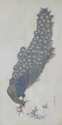 Late 19th/20thC Japanese watercolour of a peacock, with seal mark and signature, 41 x 21cm