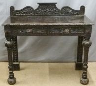 Victorian carved oak hall table with two drawers, W107 x D53 x H100cm