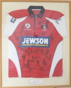 Framed and signed 2009 Gloucester v Bath rugby shirt