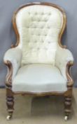 Victorian upholstered mahogany spoon back chair with gnurled armrests, H108cm