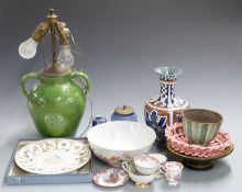 French pottery lamp, Sarreguemines basket, shaped Chinese bowl, Wedgwood Jasperware, Gouda