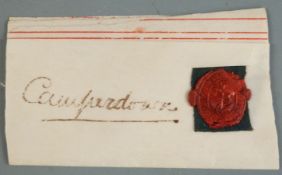 18thC clipped letter with wax Naval seal on ribbon and 'Camperdown' underlined. The Battle of