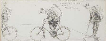 Frank Patterson (English 1871-1952): Cycling related pen and ink drawing 'Three Newspaper Boys, near