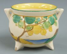 Clarice Cliff Newport Pottery Bizarre twin-handled cauldron-shaped sugar bowl raised on three feet