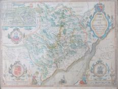 John Speede 17thC map of Monmouthshire including a view of Monmouth town, 41 x 53cm