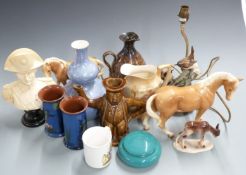 Crown Ducal lustre double gourd vase, Crown Devon jug, Florence/Naples table lamp with birds, pair