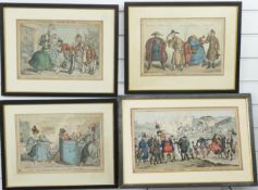 William Heath (1795-1840): Four framed 19thC hand-coloured satirical etchings. Subjects include 'The