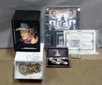 Royal Doulton John Wayne character jug, related pocket knives, film cell, belt buckles etc