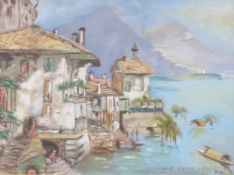 Acrylic of Lake Como with fishing boat to foreground, initialled DM, 29 x 39cm, framed and glazed