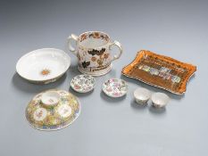 Chinese enamelled covered dish, 18thC Chinese tea bowl, Masons Ironstone loving cup, Royal Doulton
