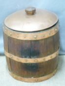 A coopered oak copper bound coal bucket with lid, H43cm
