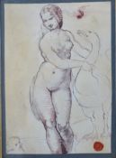 18th/19thC pen and ink drawing of lady, possibly Leda, with a swan and child with wax seal to bottom