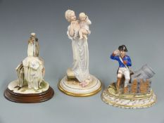 French porcelain figure of an invalid soldier saluting next to a mortar, Galicia Spanish figurine