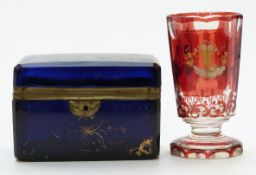 A 19thC blue glass casket with hinged lid and gilt decoration, 14.5x8.5x9.5cm, together with a flash