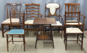 A mahogany side table with undershelf and six chairs including inlaid examples
