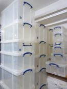 Twenty-three Really Useful Box Company plastic boxes, largest 84 litres
