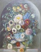 Early 20thC oil on canvas still life vase of flowers, initialled F.L lower left, 51 x 41cm in ornate