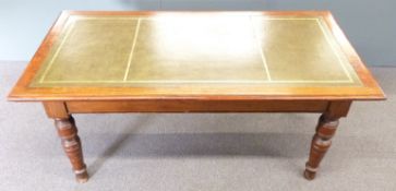 19th/20thC leather inset mahogany table raised on turned legs, W183 x D96 x H76cm