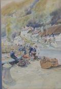 R. Cooke (20thC) watercolour Devon or Cornish scene, quayside with houses rising sharply on street