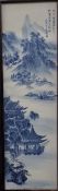Chinese porcelain plaque decorated with a landscape scene and with calligraphy top right, 72 x 21cm