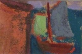 Fiona Payne oil on board 'small boat', 7 x 11cm, framed with labels verso