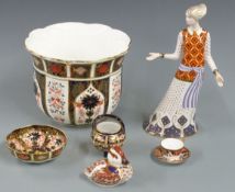 Royal Crown Derby Imari 1128 pattern jardiniere, a miniature Derby cup and saucer, cauldron, duck