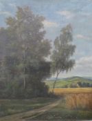 Otto Krebs oil on canvas, rural landscape with buildings beyond a cornfield, signed lower right,